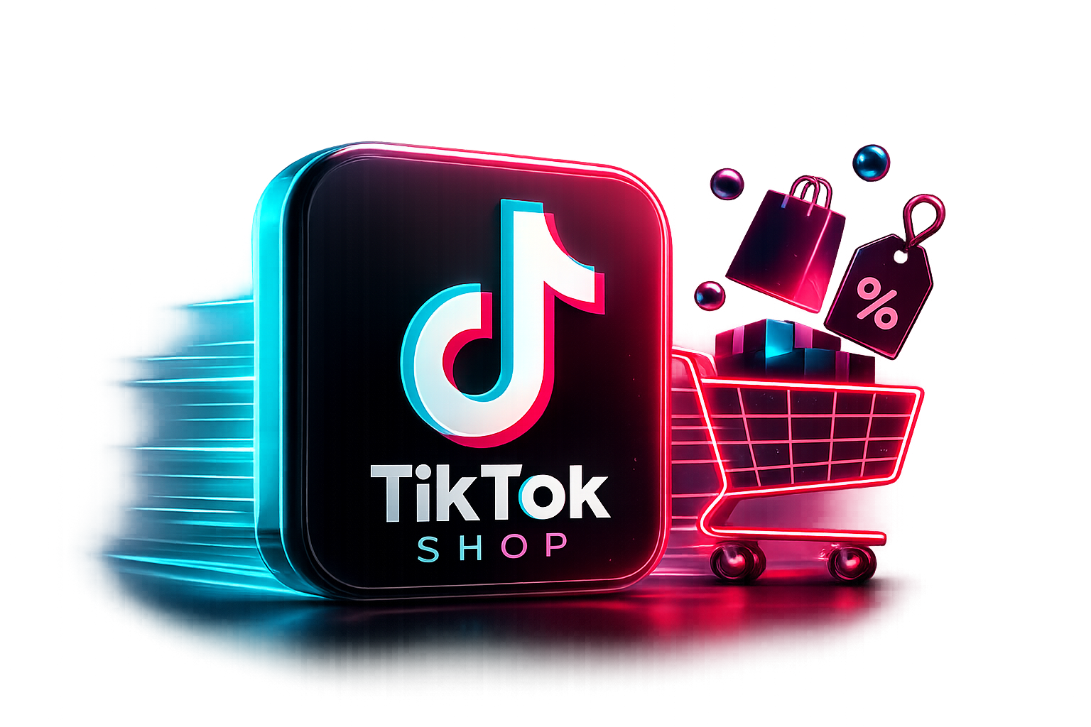 TikTok Shop em 3D com carrinho de compras neon